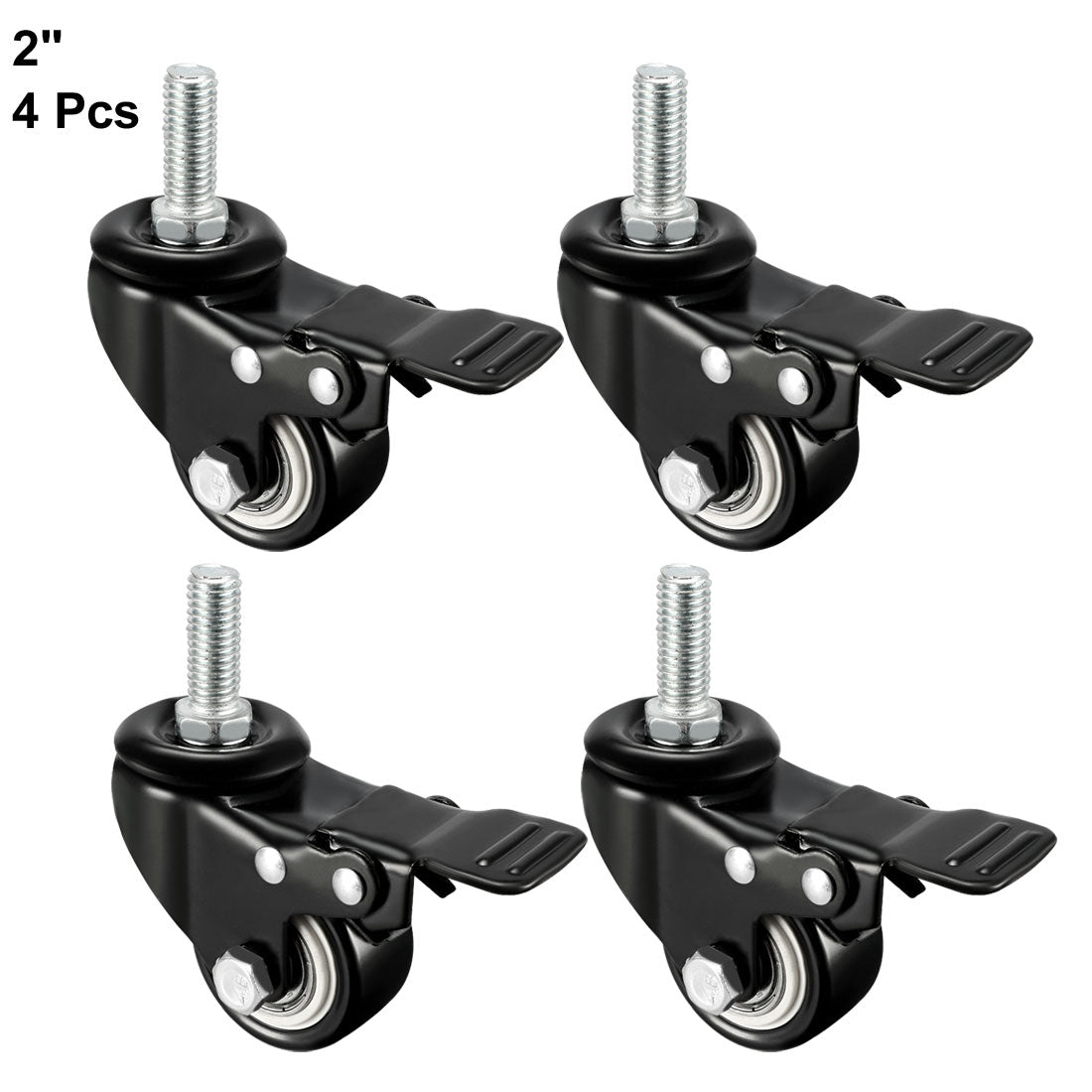 Harfington Swivel Casters 2 Inch PU M10 x 25mm Threaded Stem Swivel Caster Wheels with Brake, 132lb Capacity Each, 4 Pcs