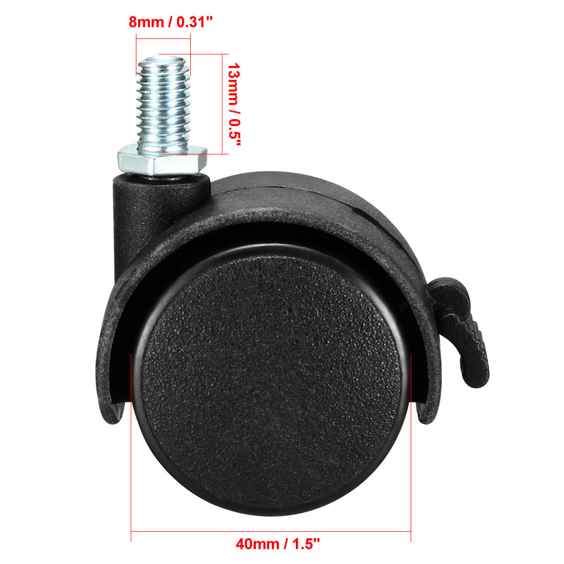 Harfington Swivel Caster Wheels 1.5 Inch Nylon 360 Degree Rotate M8 x 13mm Threaded Stem Caster Wheel with Brake, 10 Pcs