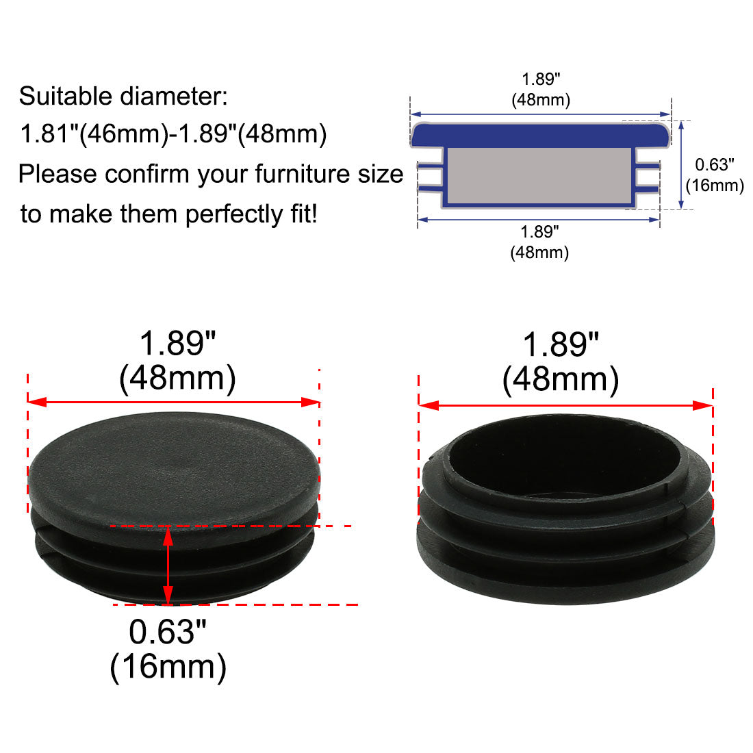 Harfington 1 7/8" 48mm OD Plastic Round Tube Ribbed Inserts End Cover Caps 4pcs, 1.81"-1.89" Inner Dia, Floor Furniture Chair Table Protector
