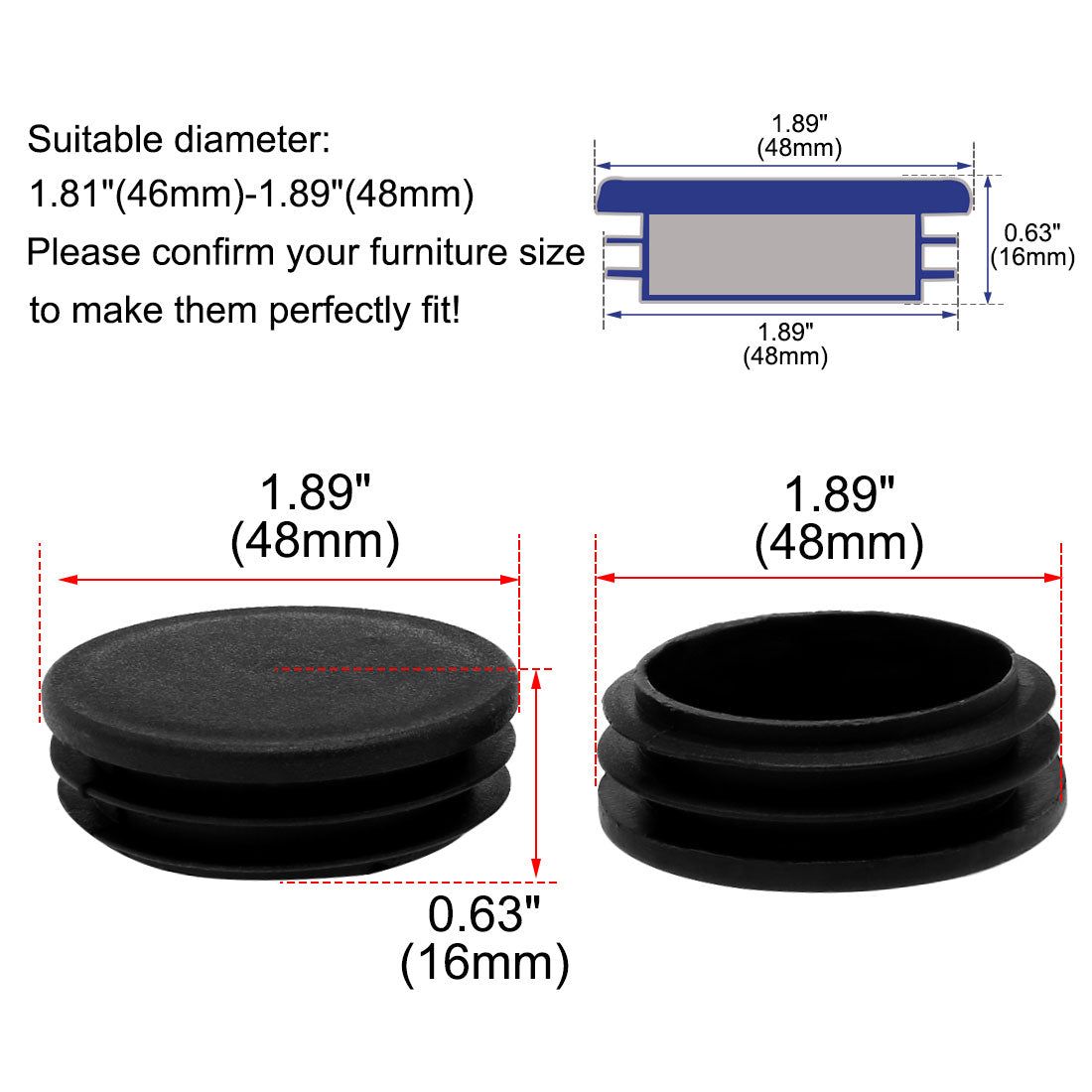 Harfington 1 7/8" 48mm OD Plastic Round Tube Ribbed Inserts End Cover Caps 8pcs, 1.81"-1.89" Inner Dia, Floor Furniture Chair Table Protector