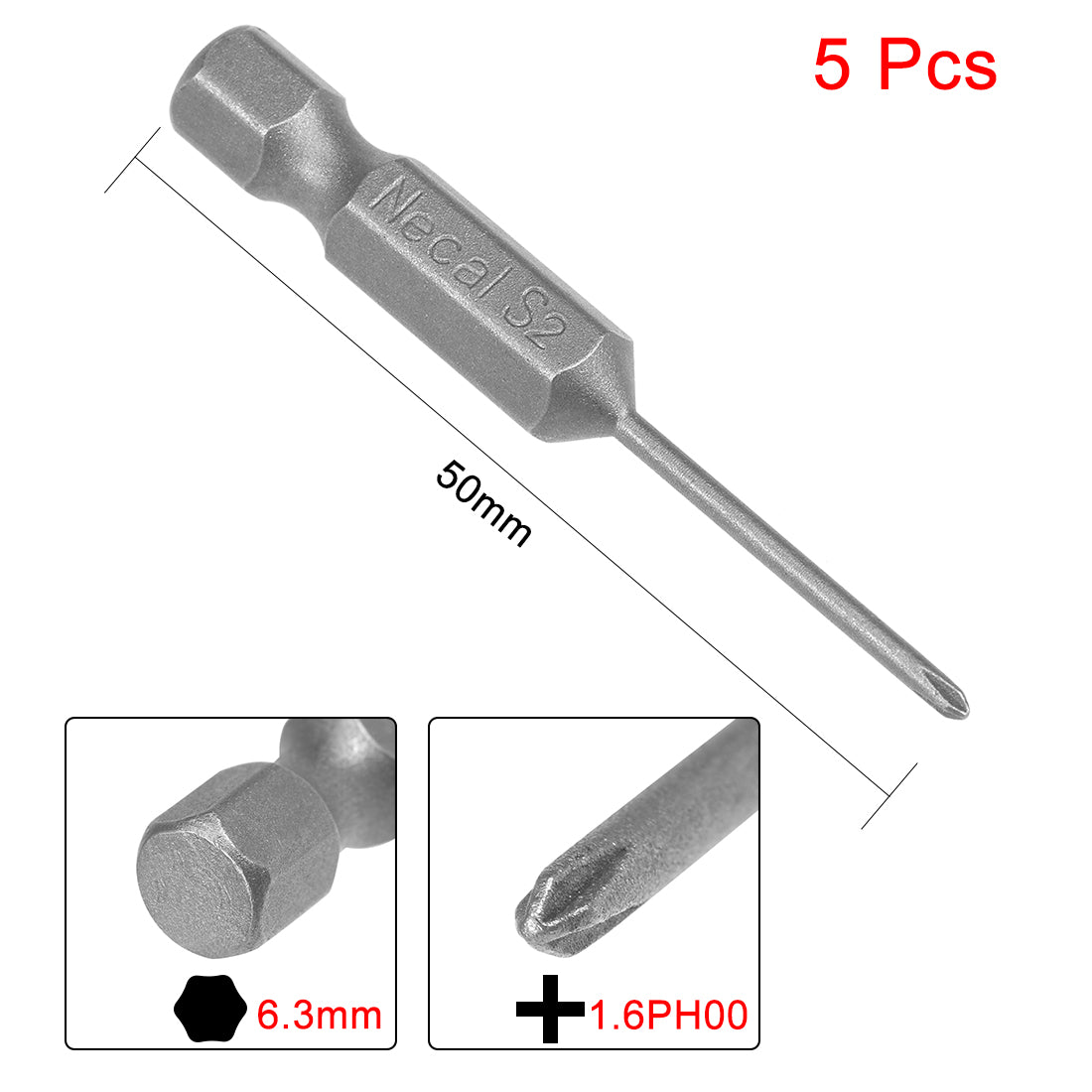 Harfington 5pcs 50mm 1/4" Hex Shank 1.6mm PH00 Magnetic Phillips Head Screwdriver Bits S2