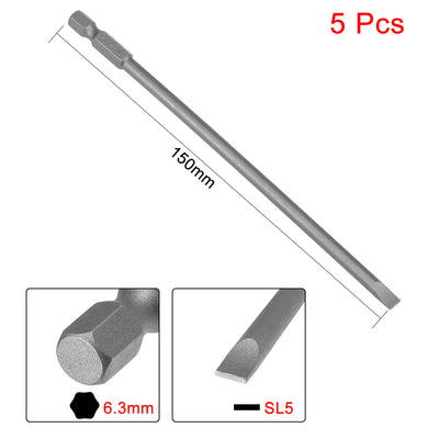 Harfington 5 Pcs 5mm Slotted Tip Magnetic Flat Head Screwdriver Bits, 1/4 Inch Hex Shank 6-inch Length S2 Power Tool