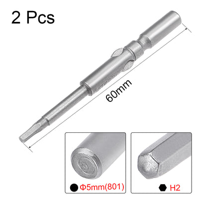 Harfington 2 Pcs 60mm Long 5mm Dia Round Shank H2 Magnetic Hex Screwdriver Bits S2 High Alloy Steel