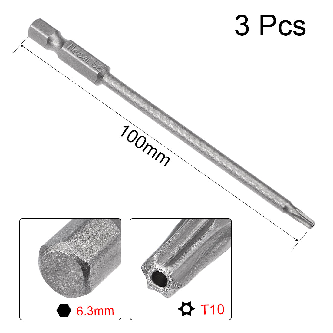 Harfington 3 Pcs 1/4" Hex Shank T10 Magnetic Security Torx Screwdriver Bits 100mm Length