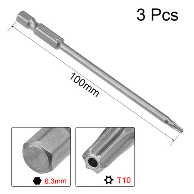 Harfington 3 Pcs 1/4" Hex Shank T10 Magnetic Security Torx Screwdriver Bits 100mm Length