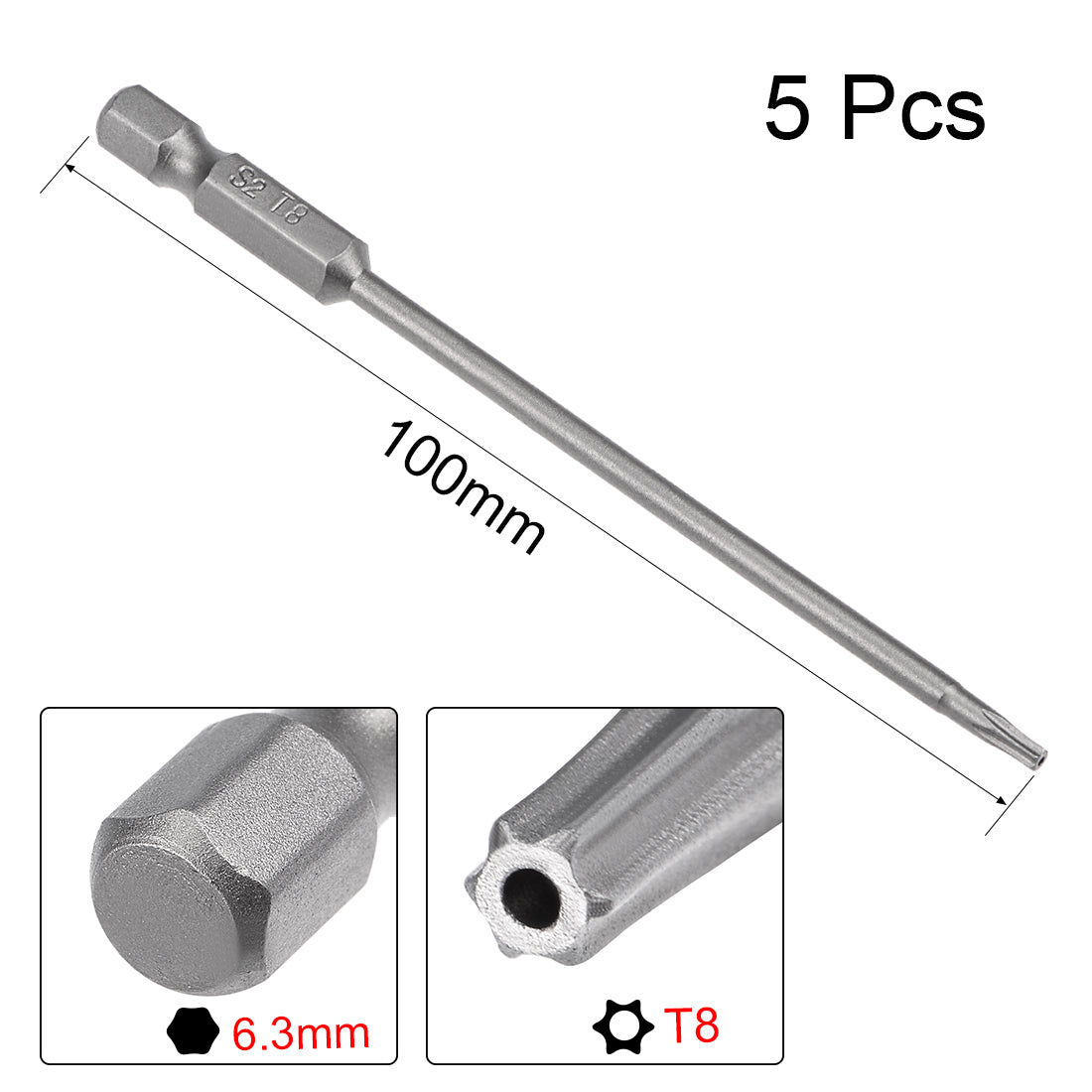 Harfington 5 Pcs 1/4" Hex Shank T8 Magnetic Security Torx Screwdriver Bits 100mm Length