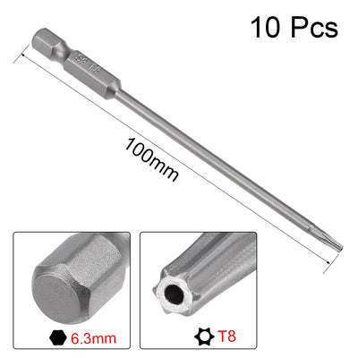 Harfington 10 Pcs 1/4" Hex Shank T8 Magnetic Security Torx Screwdriver Bits 100mm Length