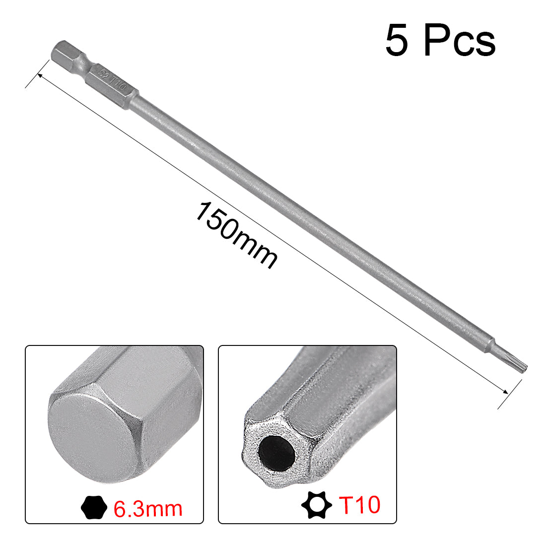 Harfington 5 Pcs 1/4" Hex Shank T10 Magnetic Security Torx Screwdriver Bits 150mm Length