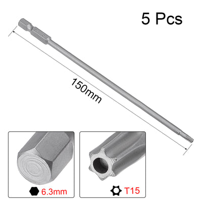 Harfington 5 Pcs 1/4" Hex Shank T15 Magnetic Security Torx Screwdriver Bits 150mm Length