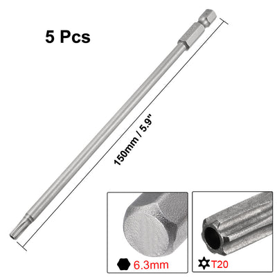 Harfington 5 Pcs 1/4" Hex Shank T20 Security Magnetic Torx Screwdriver Bits 150mm Length