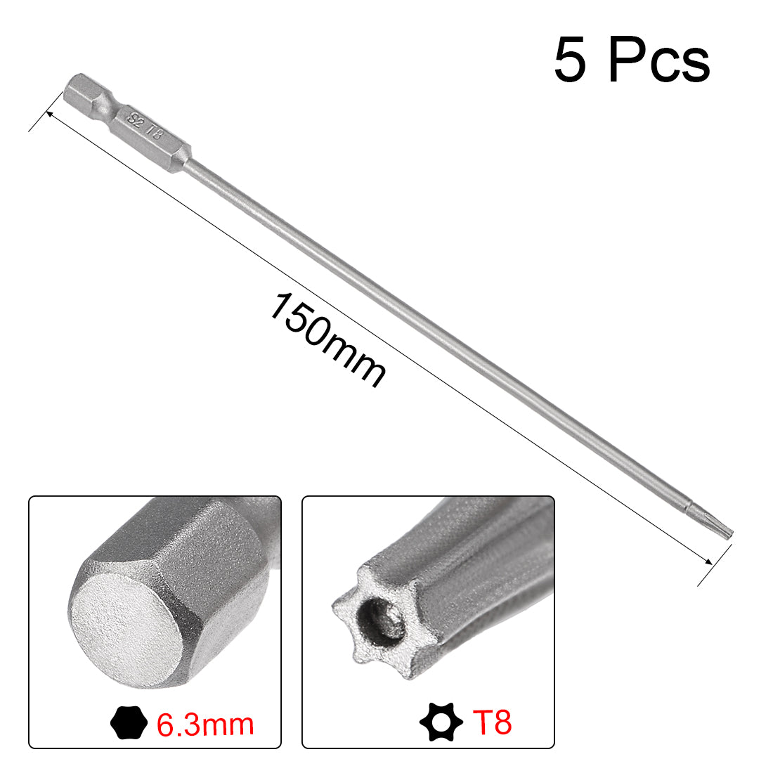 Harfington 5 Pcs 1/4" Hex Shank T8 Magnetic Security Torx Screwdriver Bits 150mm Length