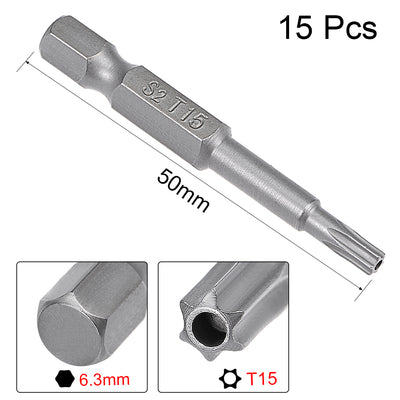 Harfington 15 Pcs 1/4" Hex Shank T15 Magnetic Security Torx Screwdriver Bits 50mm Length