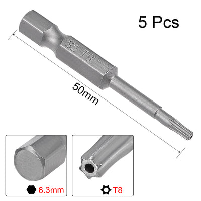 Harfington 5 Pcs 1/4" Hex Shank T8 Magnetic Security Torx Screwdriver Bits 50mm Length