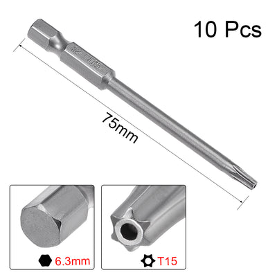 Harfington 10 Pcs 1/4" Hex Shank T15 Magnetic Security Torx Screwdriver Bits 75mm Length