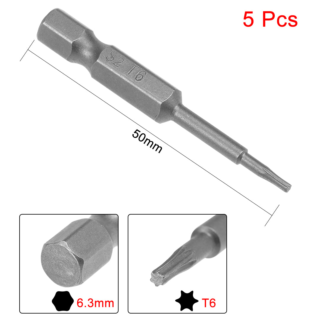 Harfington 5pcs 50mm Long 1/4" Hex Shank T6 Magnetic Torx Head Screwdriver Bits S2 High Alloy Steel