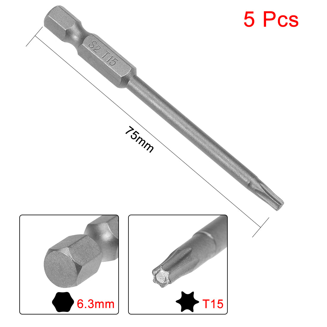 Harfington 5pcs 75mm Long 1/4" Hex Shank T15 Magnetic Torx Head Screwdriver Bits S2 High Alloy Steel