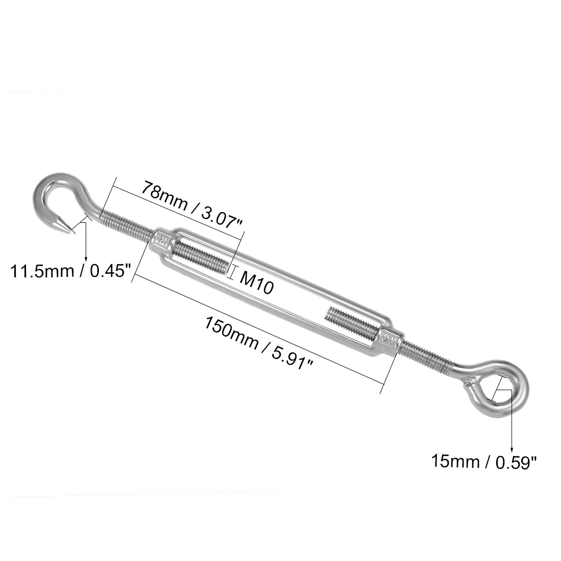 Harfington M10 Stainless Steel 304 Hook & Eye Turnbuckle Wire Rope Tension Silver Tone 2pcs