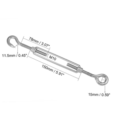 Harfington M10 Stainless Steel 304 Hook & Eye Turnbuckle Wire Rope Tension Silver Tone 2pcs