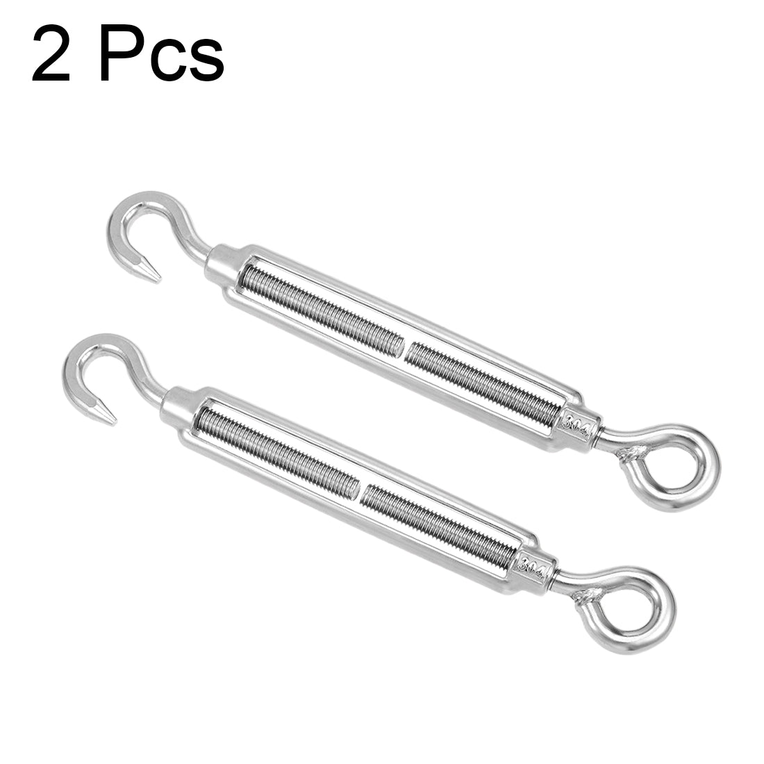 Harfington M10 Stainless Steel 304 Hook & Eye Turnbuckle Wire Rope Tension Silver Tone 2pcs