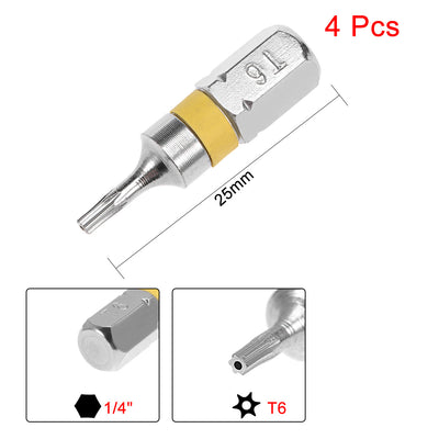 Harfington 4pcs 25mm Long 1/4" Hex Shank T6 Security Torx High Quantity Screwdriver Bits S2 High Alloy Steel