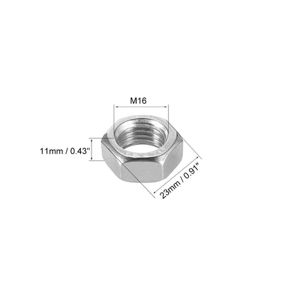 Harfington M16  Metric 201 Stainless Steel Hexagon Hex Nut Silver Tone 10pcs