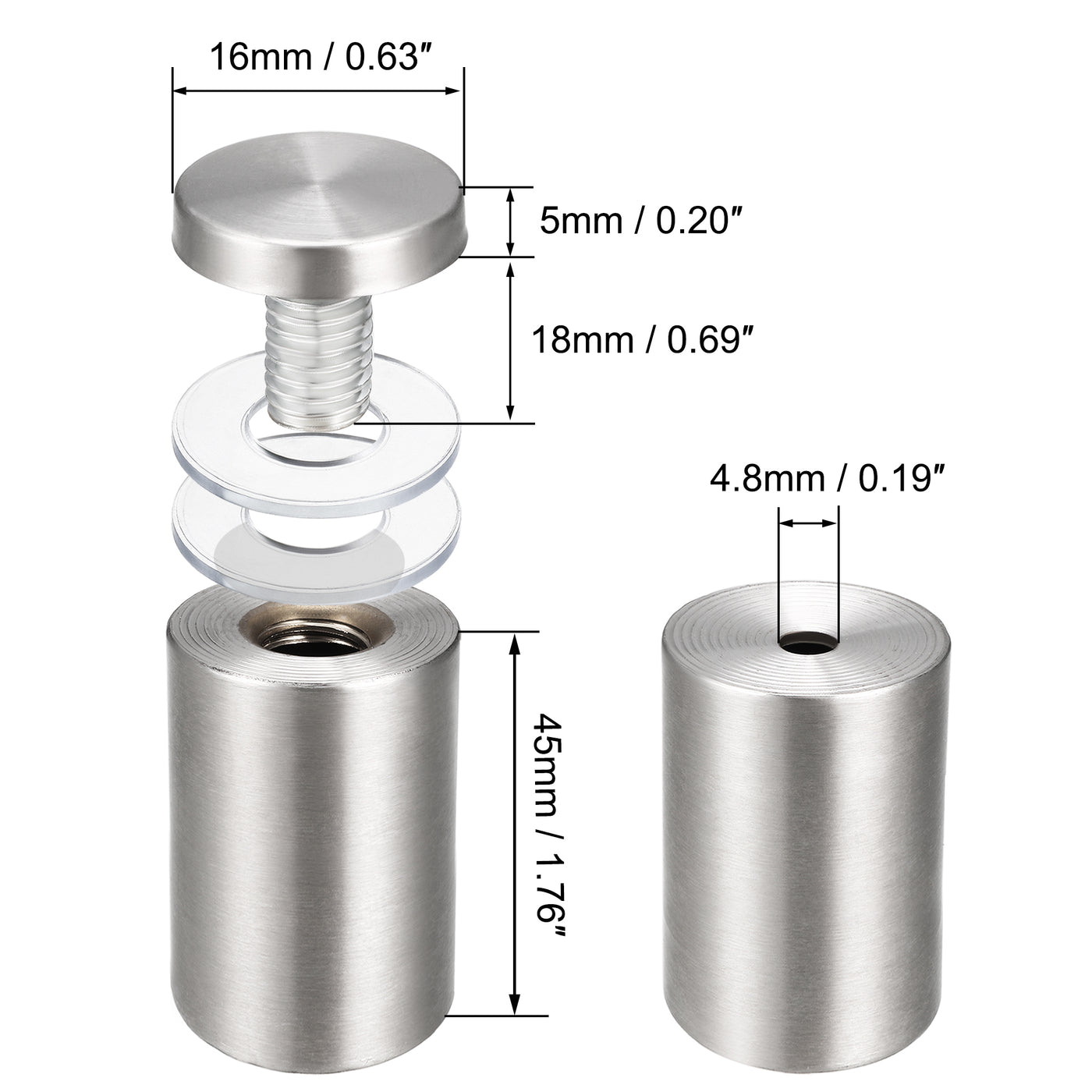 Harfington Glass Standoff Mount Stainless Steel Wall Standoff Holder Advertising Nails 16mm Dia 52mm Length 6 Pcs