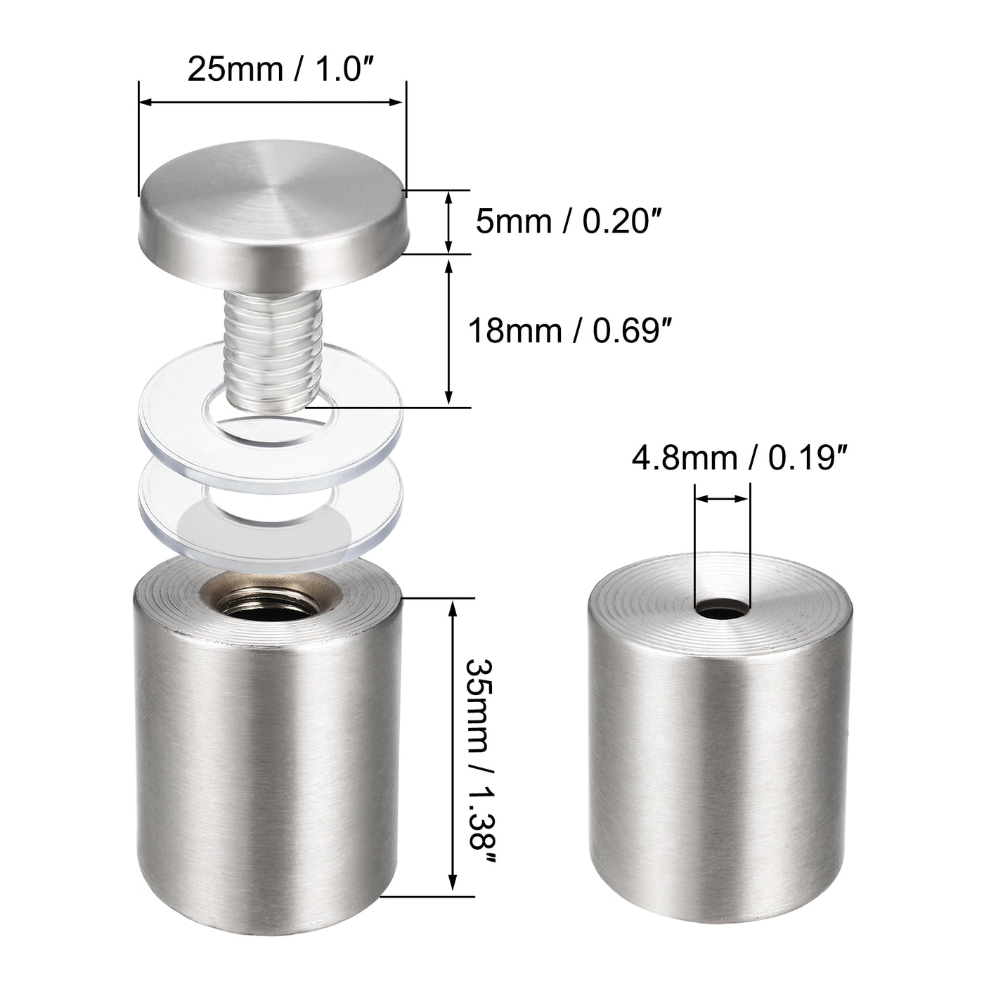 Harfington Glass Standoff Mount Stainless Steel Wall Standoff Holder Advertising Nails 25mm Dia 42mm Length 8 Pcs