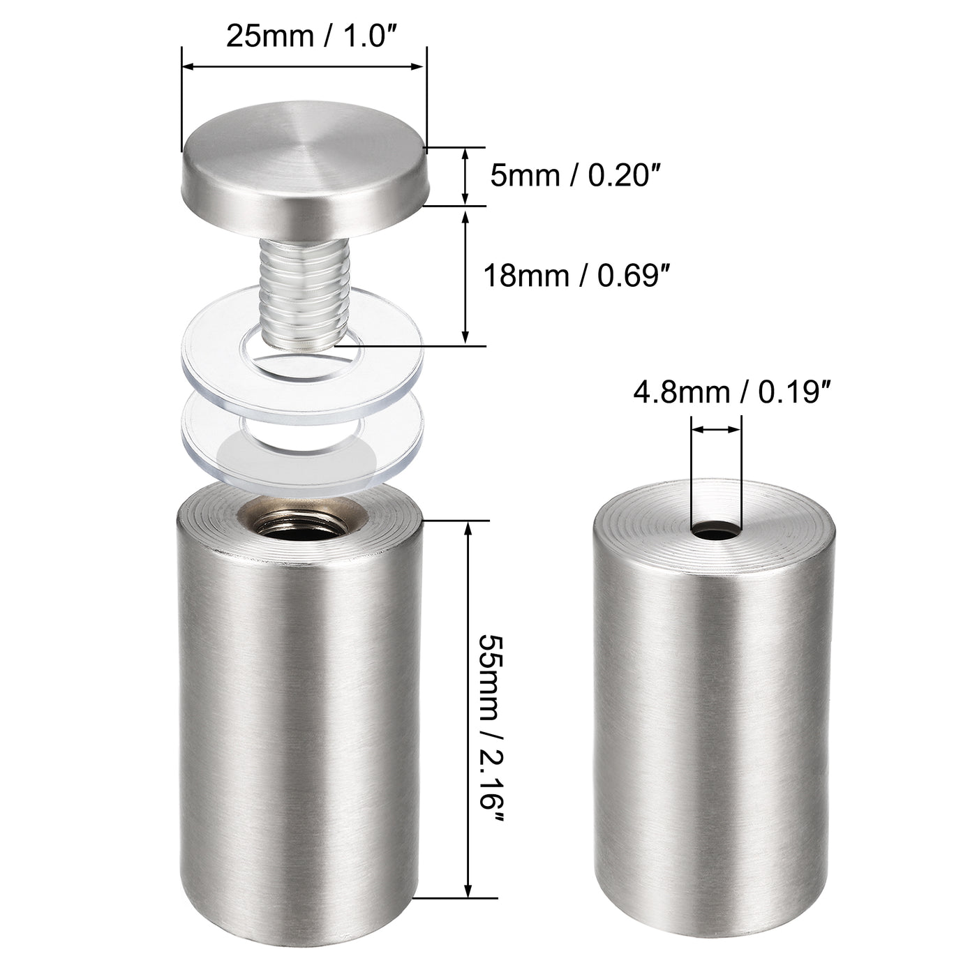 Harfington Glass Standoff Mount Stainless Steel Wall Standoff Holder Advertising Nails 25mm Dia 62mm Length 8 Pcs