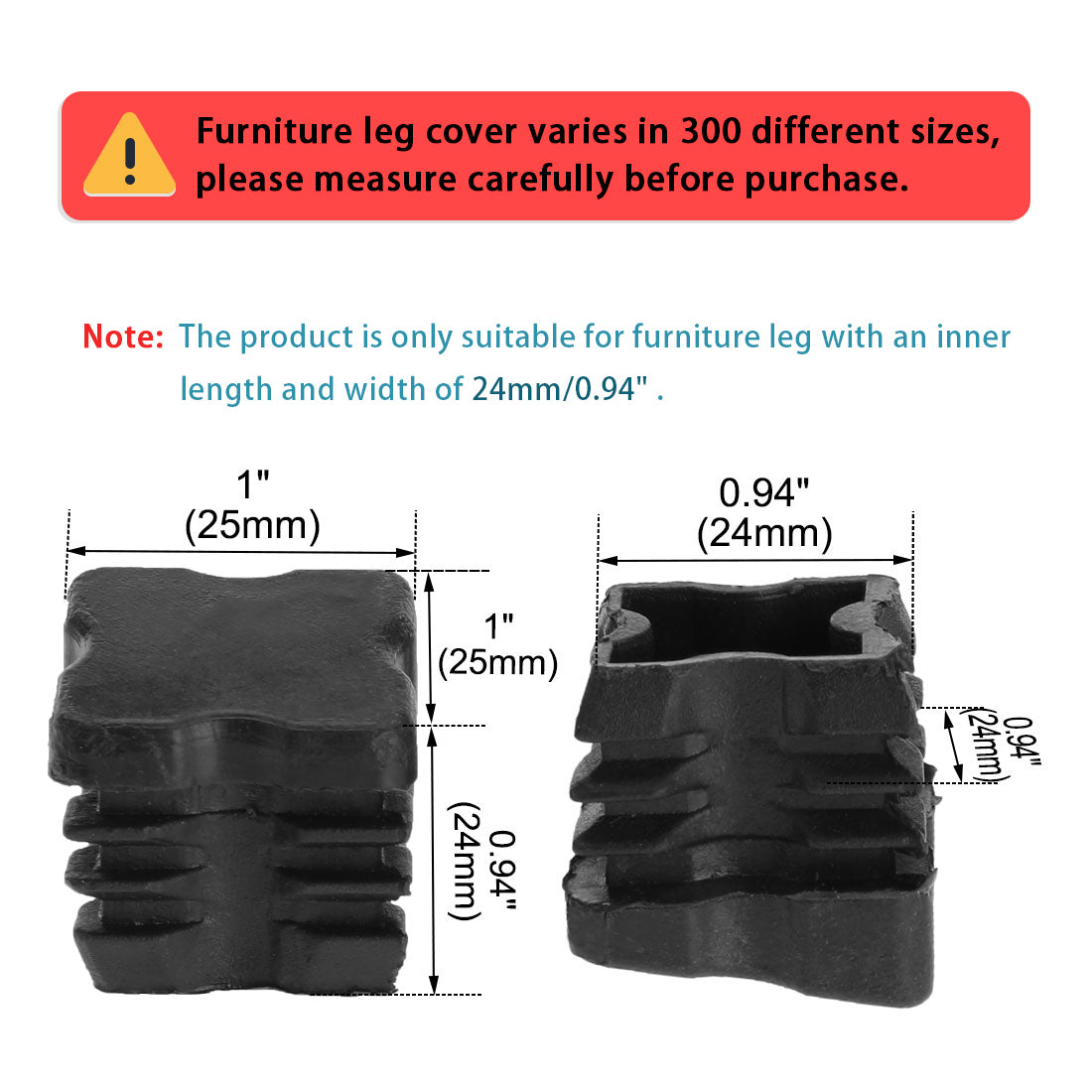 Harfington 16pcs 25 x 25mm OD Plastic Angled Square Tube Ribbed Inserts Cover Cap, 0.87" to 0.94" Inner Size, Floor Furniture Desk Chair Feet Protector