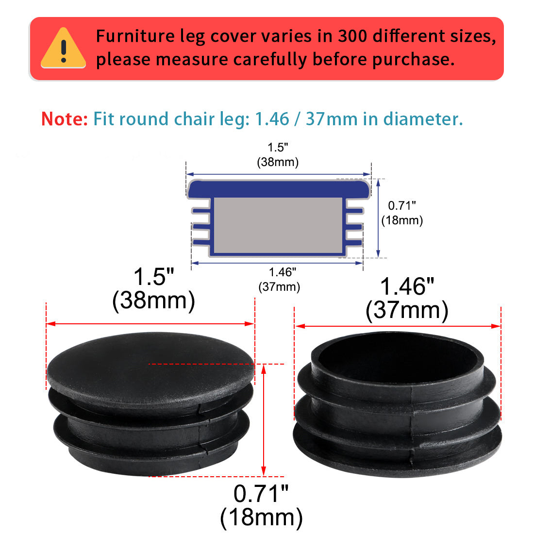 Harfington 1 1/2" 38mm OD Plastic Round Insert Table Protector, 1.38"-1.46" Inner Dia