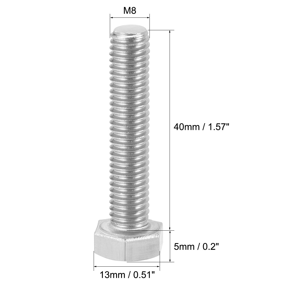 Harfington M8 Thread 40mm Length Hex Bolts 304 Stainless Steel Hexagon Screw Bolt 10pcs