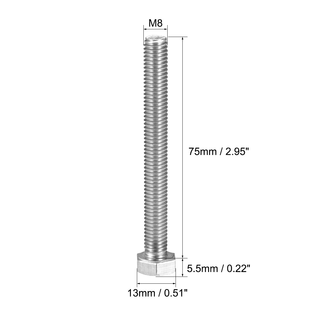 Harfington M8x75mm Hex Bolts 304 Stainless Steel Hexagon Screw Bolt 8pcs