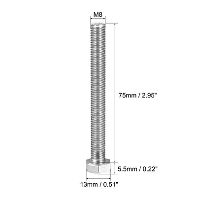 Harfington M8x75mm Hex Bolts 304 Stainless Steel Hexagon Screw Bolt 8pcs
