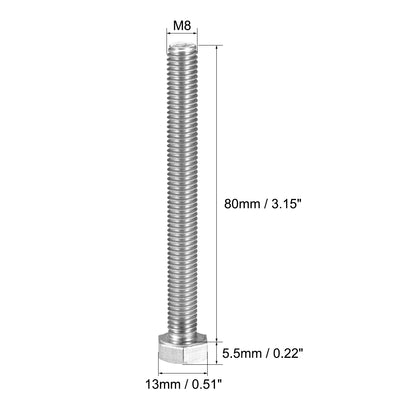 Harfington M8x80mm Hex Bolts 304 Stainless Steel Hexagon Screw Bolt 6pcs