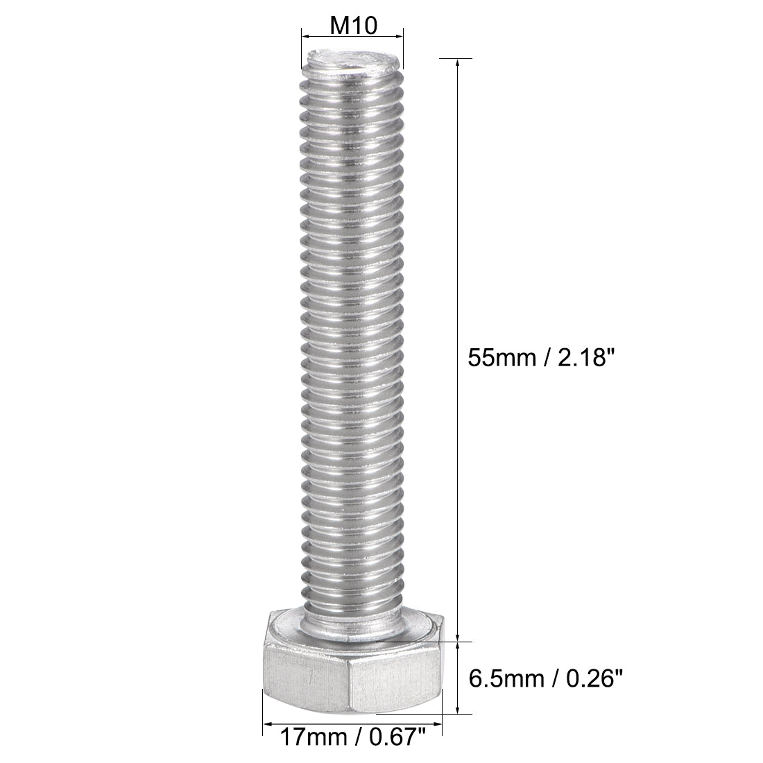 Harfington M10 Thread 55mm Length Hex Bolts 304 Stainless Steel Hexagon Screw Bolt 5pcs