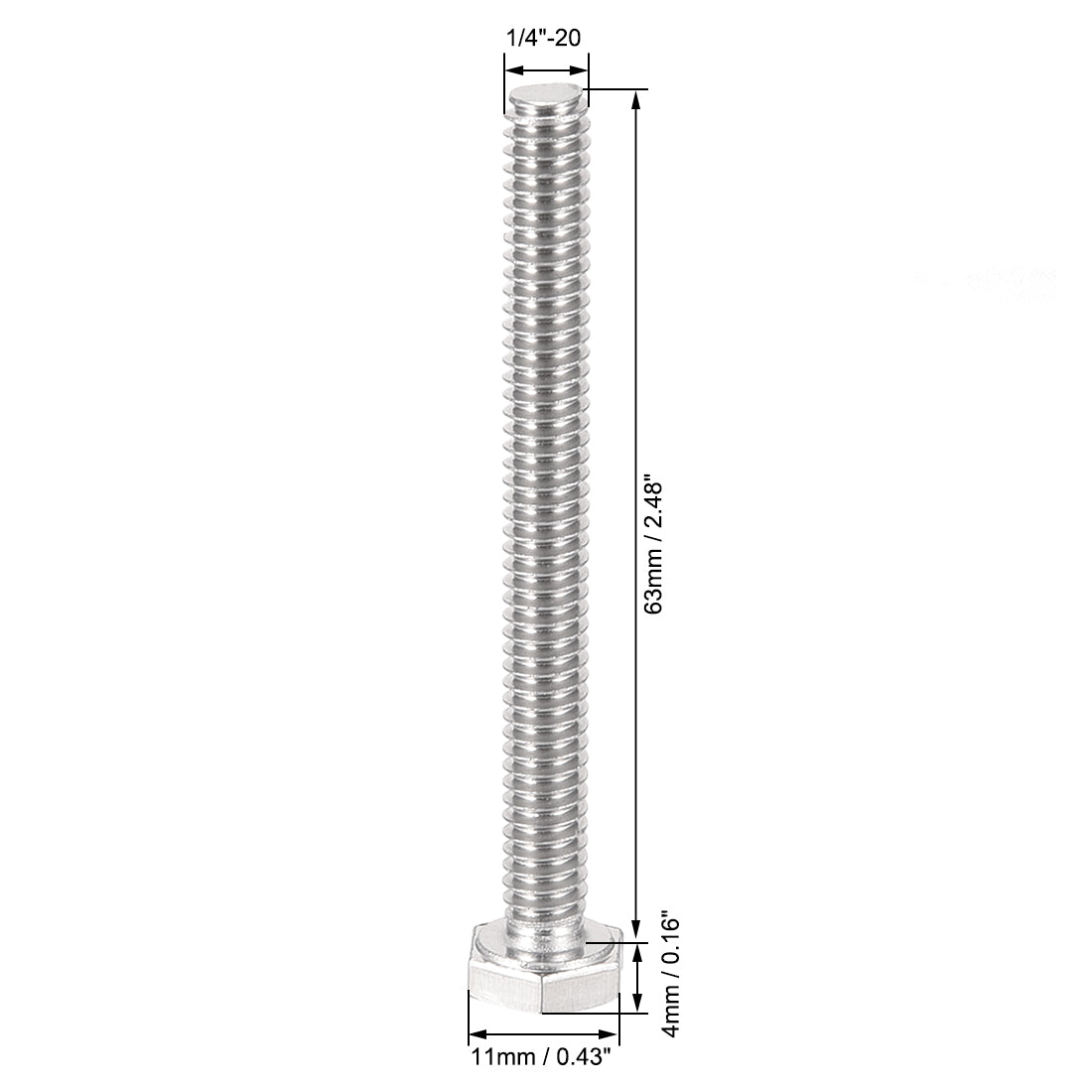 Harfington 1/4-20 x 2-1/2" Hex Bolts 304 Stainless Steel Hexagon Screw Bolt 5pcs
