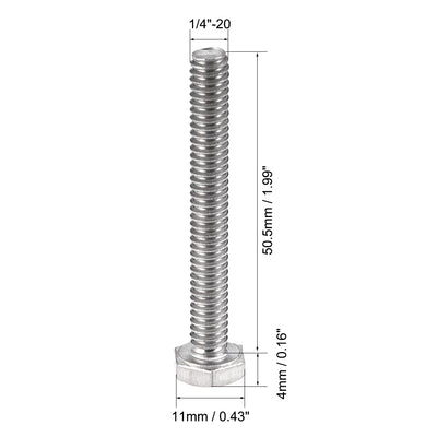 Harfington 1/4-20 x 2" Hex Bolts 304 Stainless Steel Hexagon Screw Bolt 5pcs