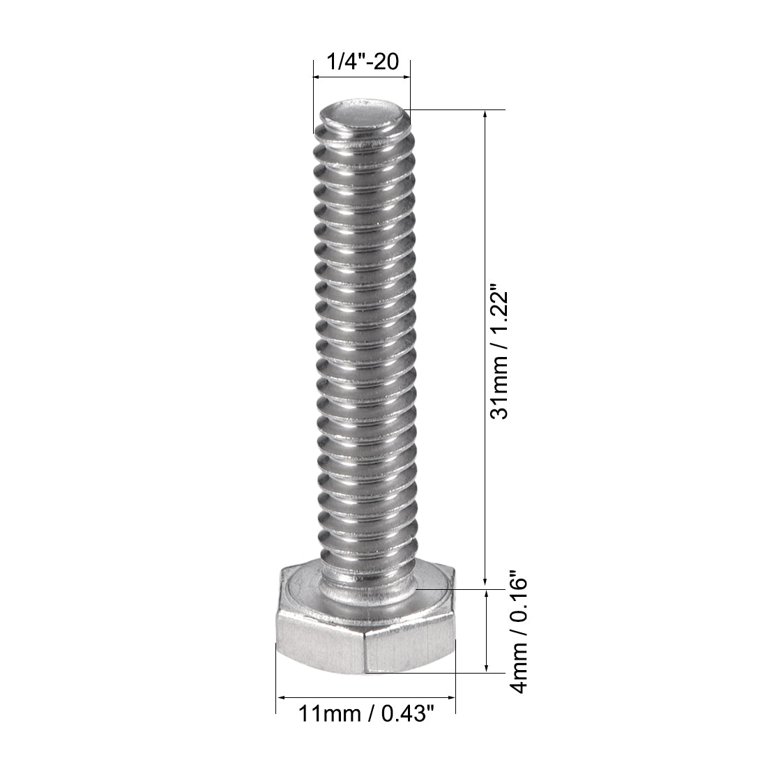 Harfington 1/4-20x1-1/4" Hex Bolts 304 Stainless Steel Hexagon Screw Bolt 10pcs