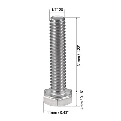 Harfington 1/4-20x1-1/4" Hex Bolts 304 Stainless Steel Hexagon Screw Bolt 10pcs