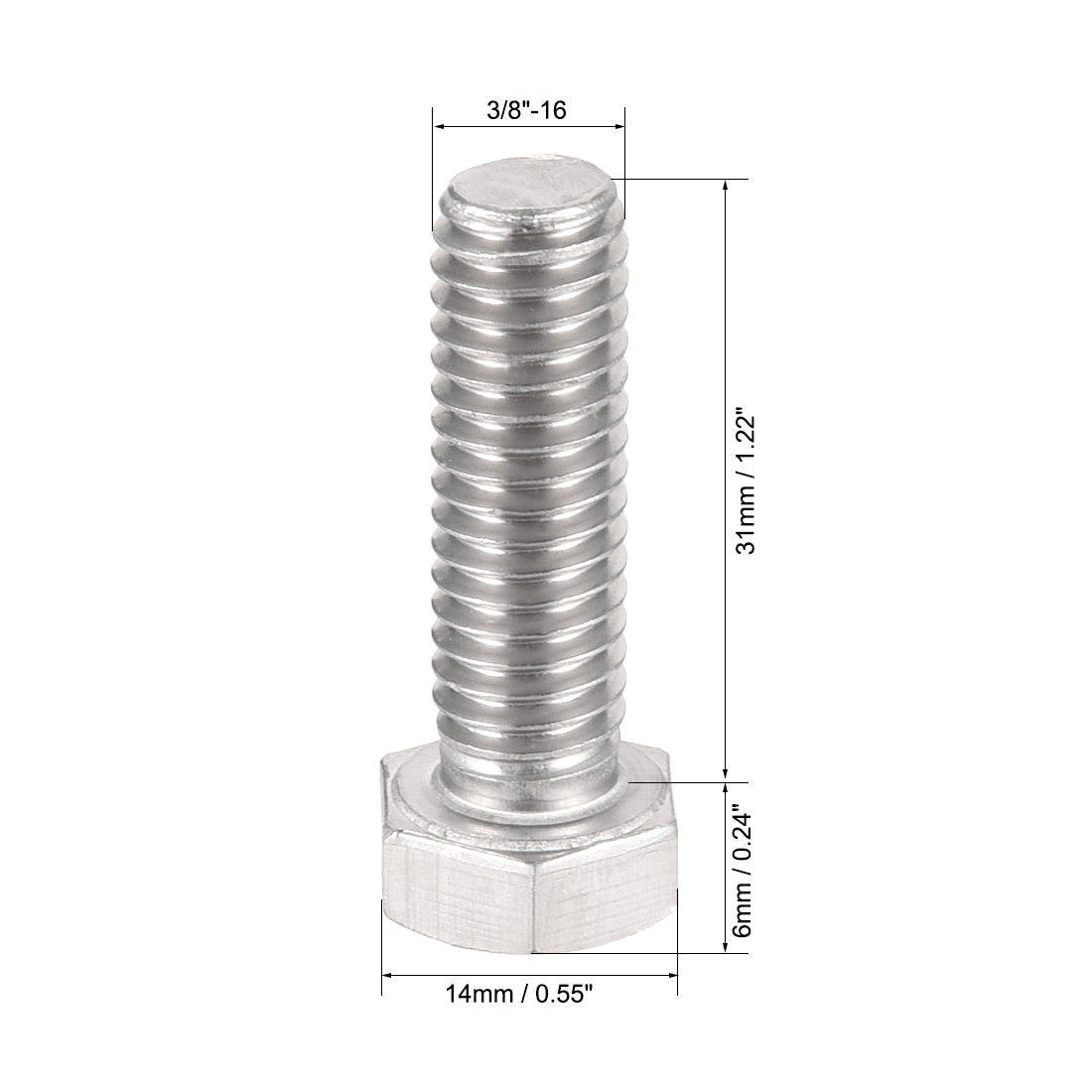 Harfington 3/8-16x1-1/4" Hex Bolts 304 Stainless Steel Hexagon Screw Bolt 2pcs