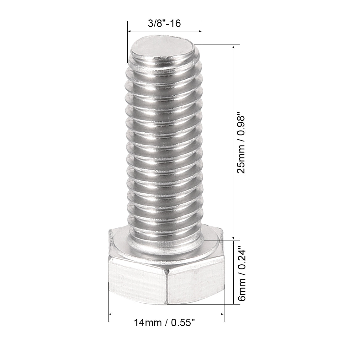 Harfington 3/8-16x1" Hex Bolts 304 Stainless Steel Hexagon Screw Bolt 2pcs