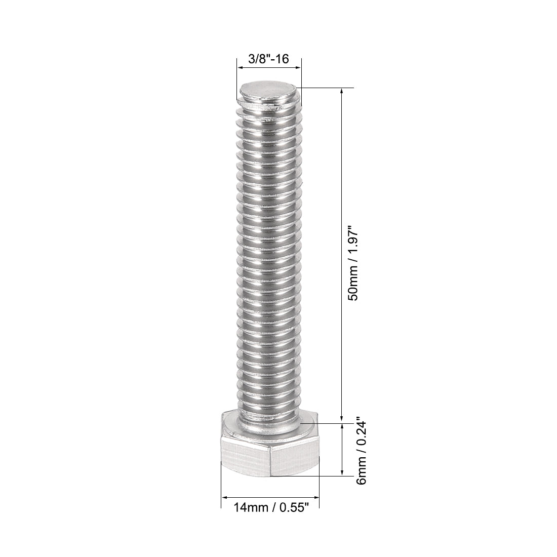 Harfington 3/8-16x2" Hex Bolts 304 Stainless Steel Hexagon Screw Bolt 5pcs