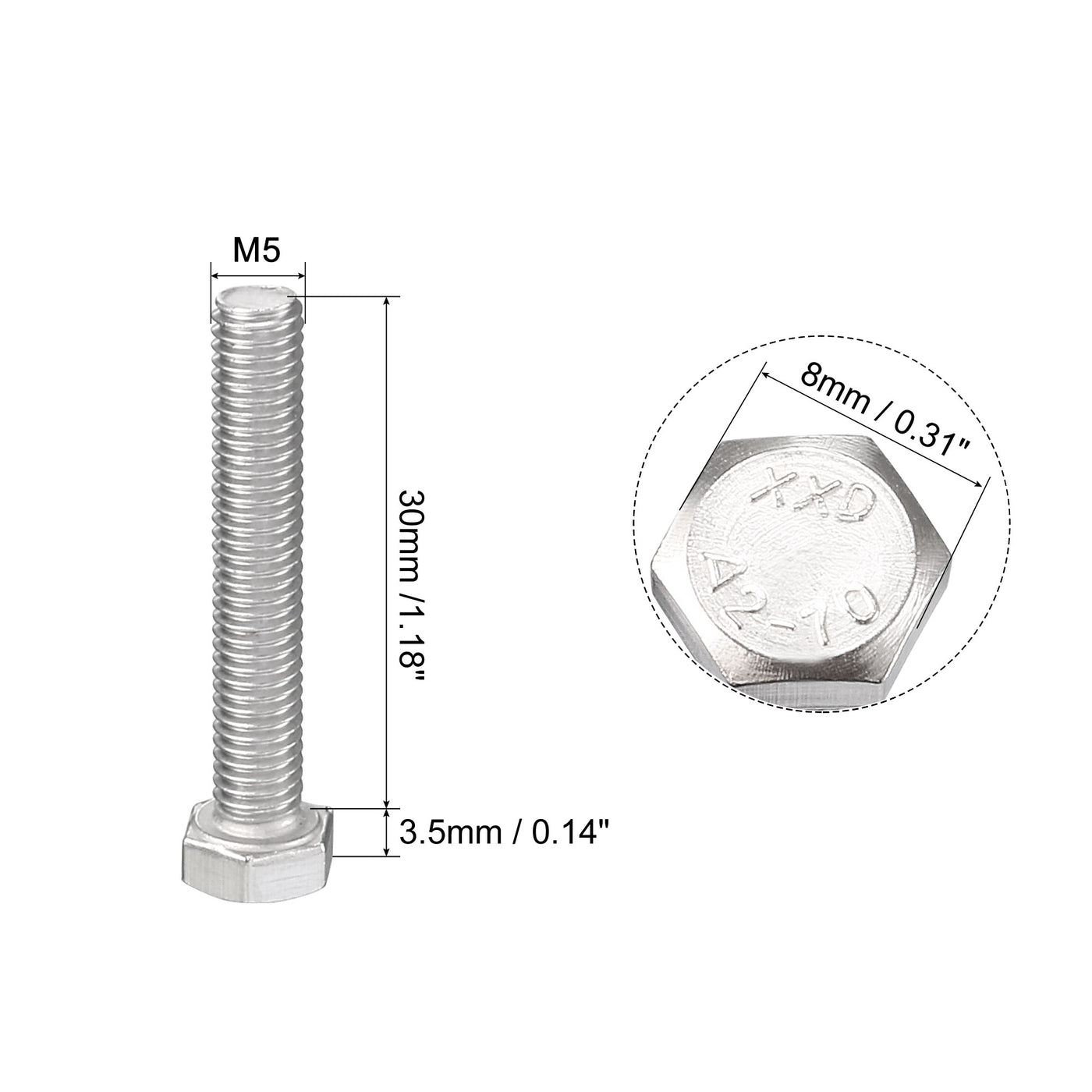 Harfington M5x30mm Hex Bolts 304 Stainless Steel Hexagon Screw Bolt 50pcs