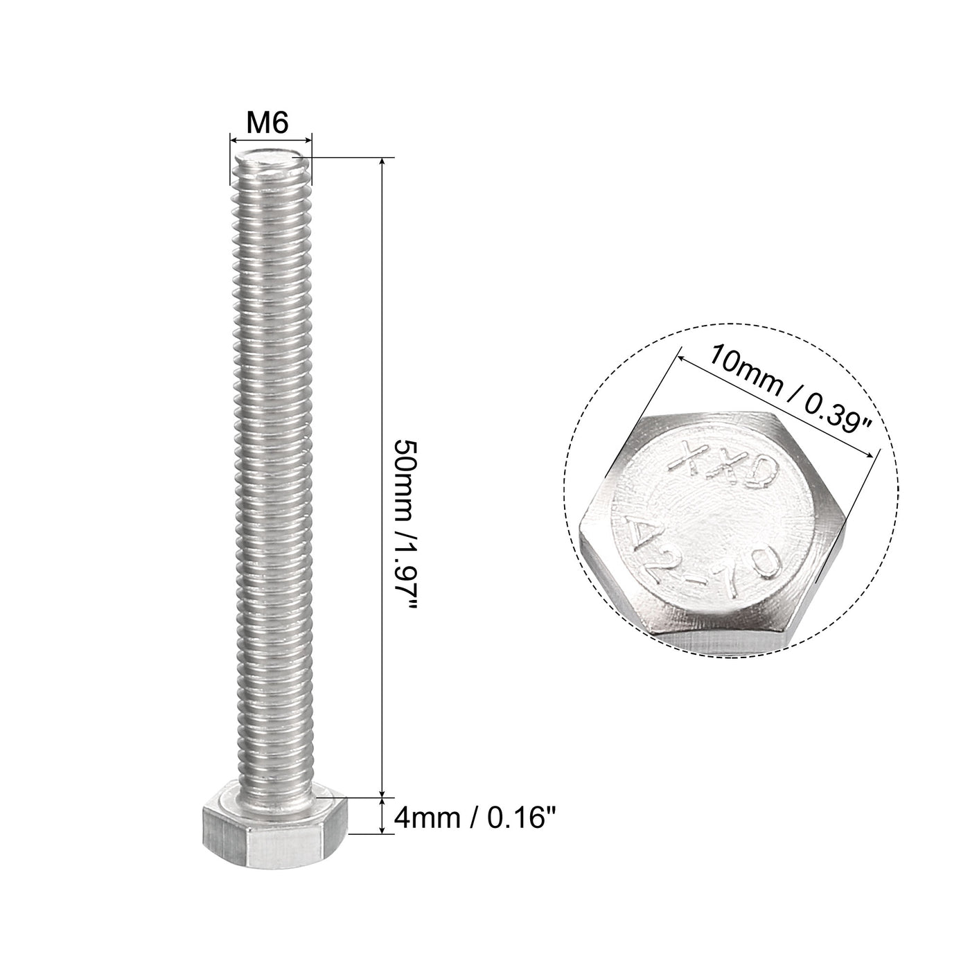 Harfington M6x50mm Hex Bolts 304 Stainless Steel Hexagon Screw Bolt 30pcs