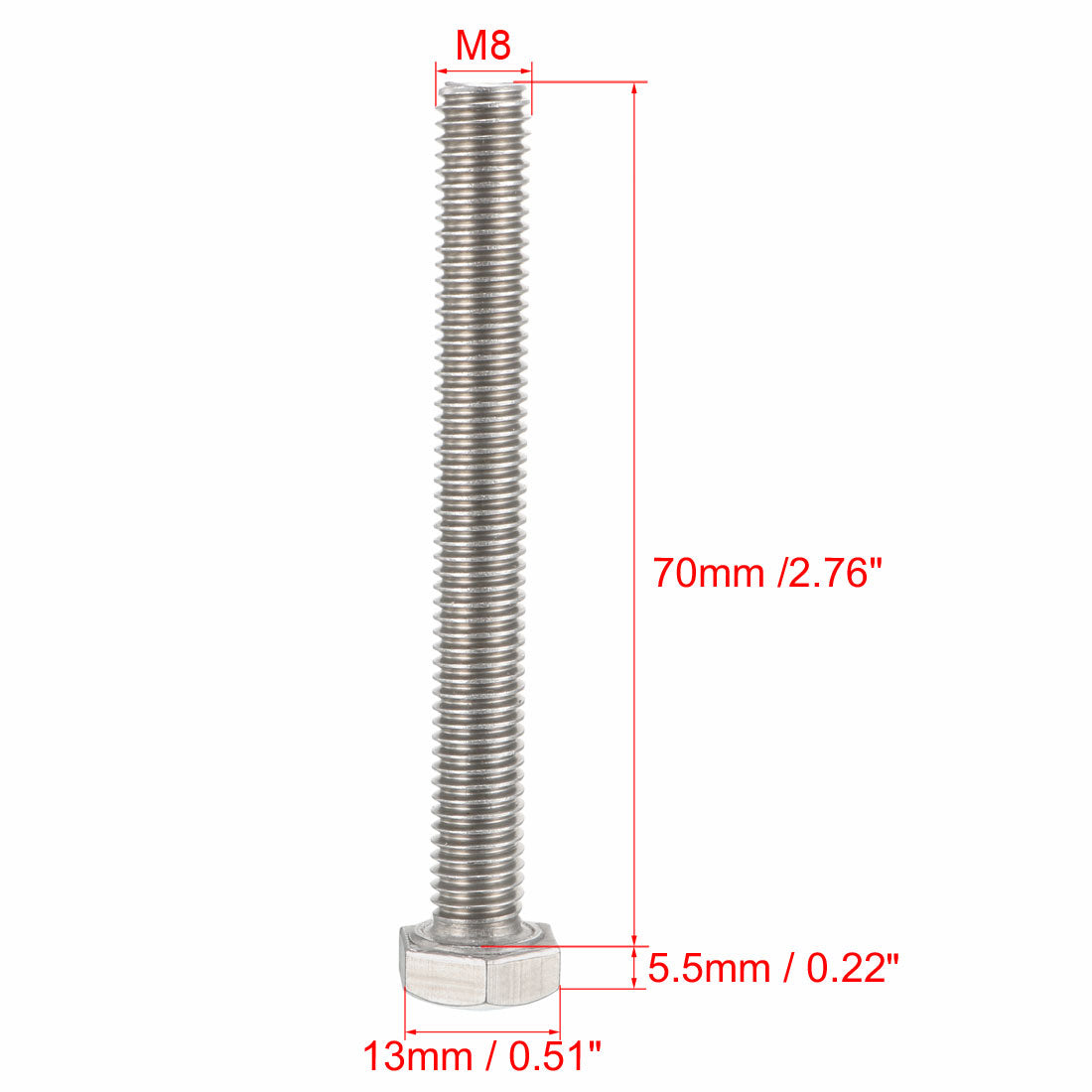 Harfington M8x70mm Hex Bolts 304 Stainless Steel Hexagon Screw Bolt 10 pcs