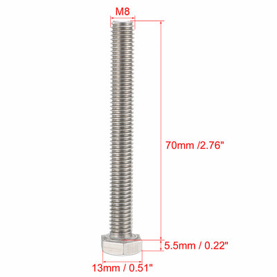 Harfington M8x70mm Hex Bolts 304 Stainless Steel Hexagon Screw Bolt 10 pcs