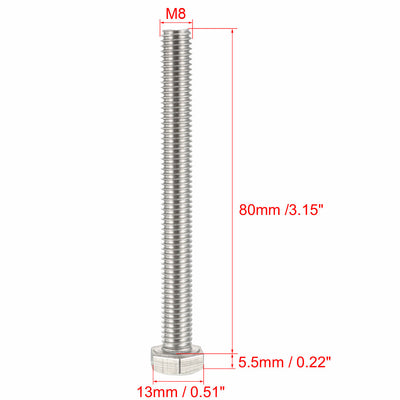 Harfington M8x80mm Hex Bolts 304 Stainless Steel Hexagon Screw Bolt 5 pcs
