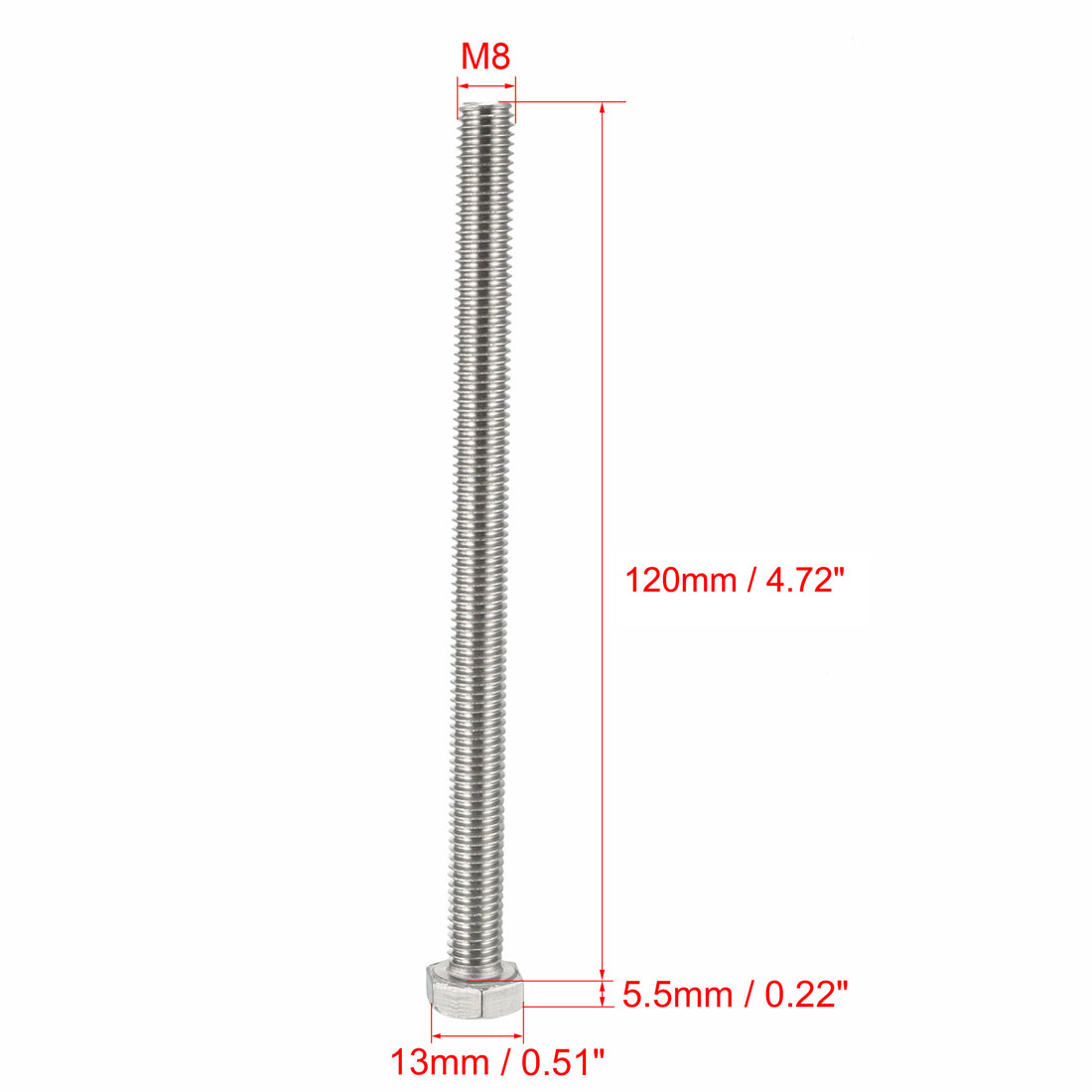 Harfington M8x120mm Hex Bolts 304 Stainless Steel Hexagon Screw Bolt 10pcs