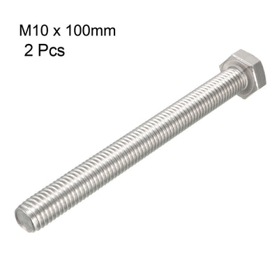 Harfington M10 Thread 100mm Length Hex Bolts 304 Stainless Steel Hexagon Screw Bolt 2pcs