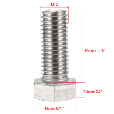 Harfington M12x30mm Hex Bolts 304 Stainless Steel Hexagon Screw Bolt 5pcs